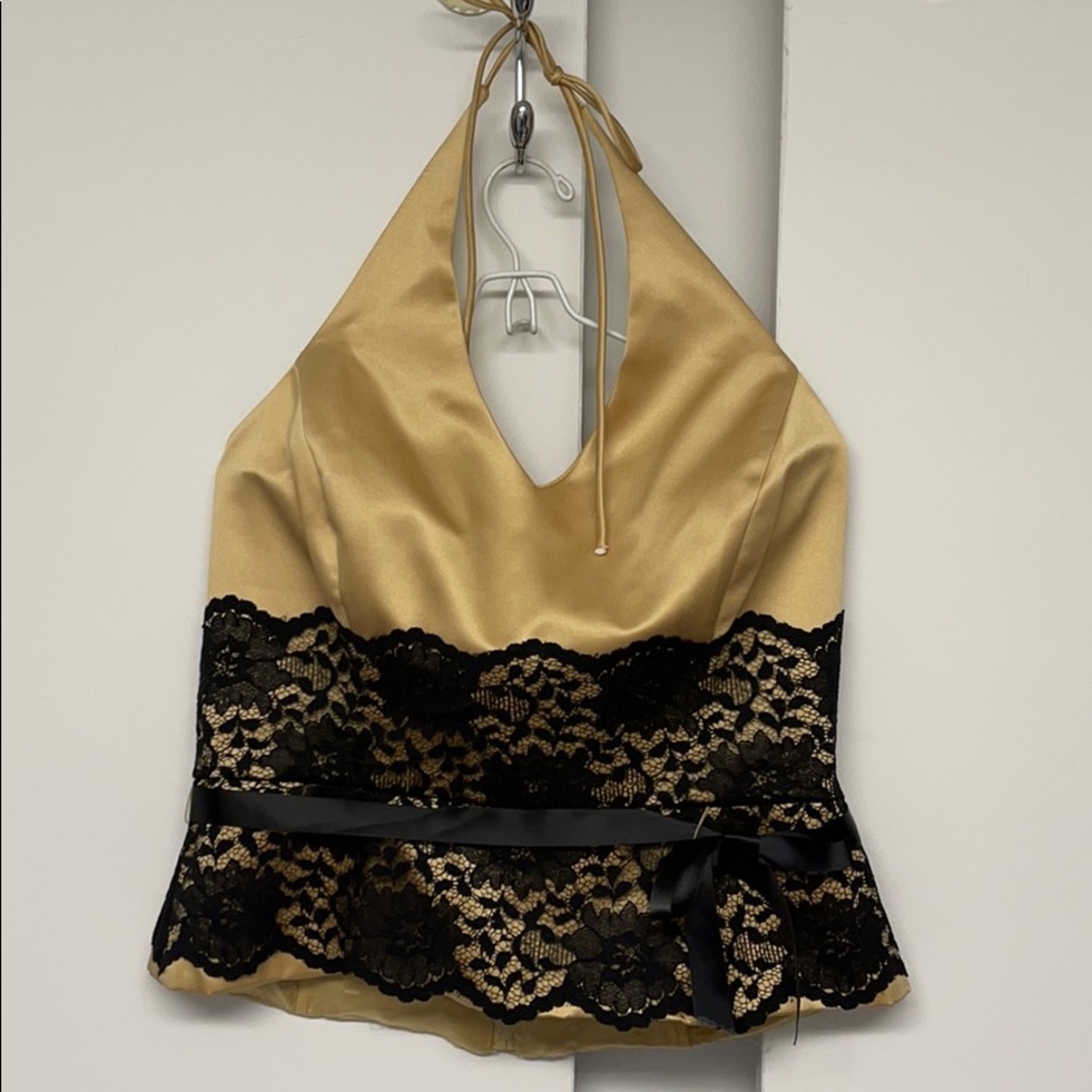 NWT Gold halter top w/ black lace